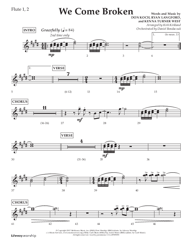 We Come Broken (Choral Anthem SATB) Flute 1/2 (Lifeway Choral / Arr. Kirk Kirkland / Orch. Daniel Boundaczuk)