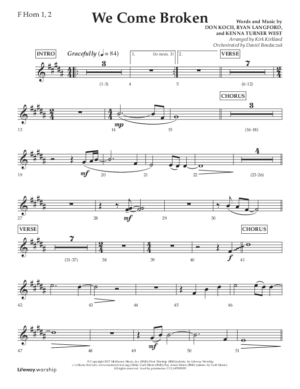 We Come Broken (Choral Anthem SATB) French Horn 1/2 (Lifeway Choral / Arr. Kirk Kirkland / Orch. Daniel Boundaczuk)