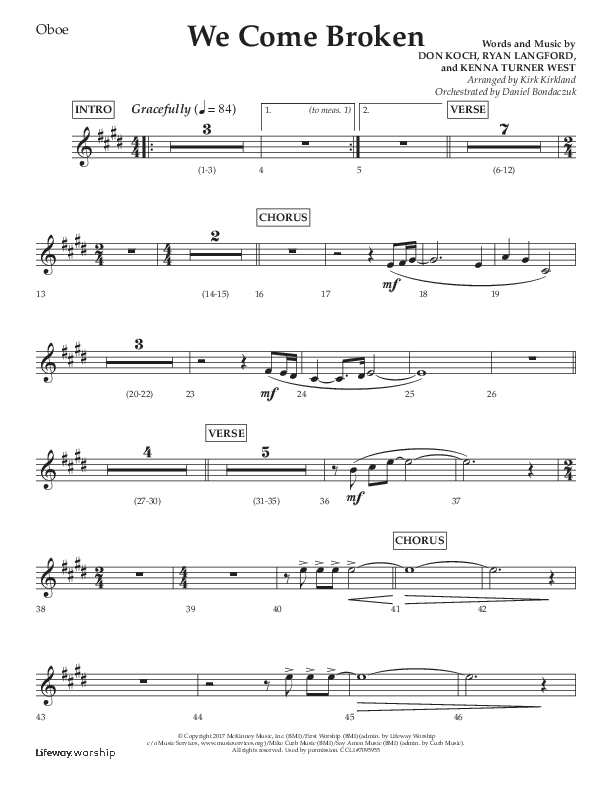 We Come Broken (Choral Anthem SATB) Oboe (Lifeway Choral / Arr. Kirk Kirkland / Orch. Daniel Boundaczuk)