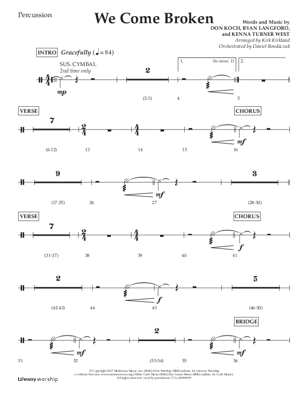 We Come Broken (Choral Anthem SATB) Percussion (Lifeway Choral / Arr. Kirk Kirkland / Orch. Daniel Boundaczuk)