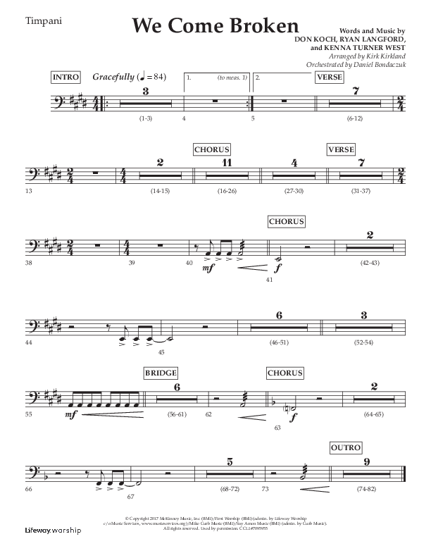 We Come Broken (Choral Anthem SATB) Timpani (Lifeway Choral / Arr. Kirk Kirkland / Orch. Daniel Boundaczuk)