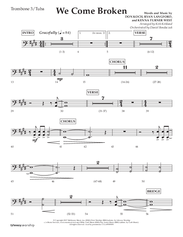 We Come Broken (Choral Anthem SATB) Trombone 3/Tuba (Lifeway Choral / Arr. Kirk Kirkland / Orch. Daniel Boundaczuk)