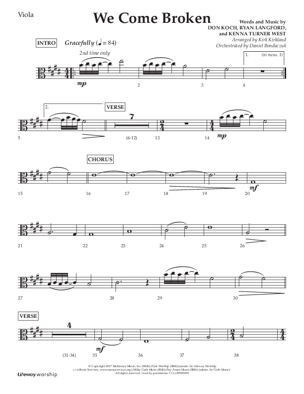 We Come Broken (Choral Anthem SATB) Viola (Lifeway Choral / Arr. Kirk Kirkland / Orch. Daniel Boundaczuk)