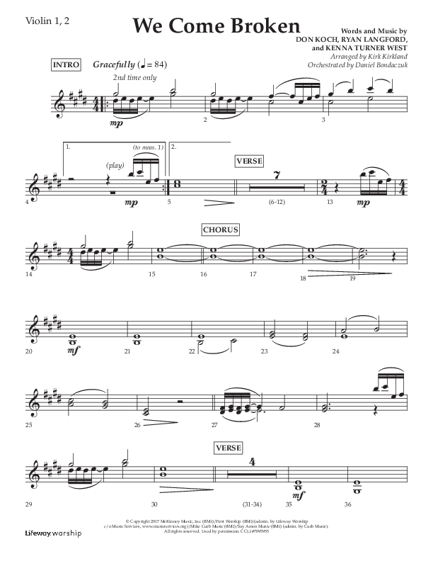 We Come Broken (Choral Anthem SATB) Violin 1/2 (Lifeway Choral / Arr. Kirk Kirkland / Orch. Daniel Boundaczuk)