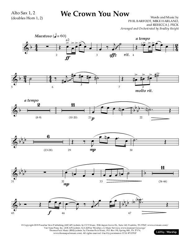 We Crown You Now (Choral Anthem SATB) Alto Sax 1/2 (Lifeway Choral / Arr. Bradley Knight)