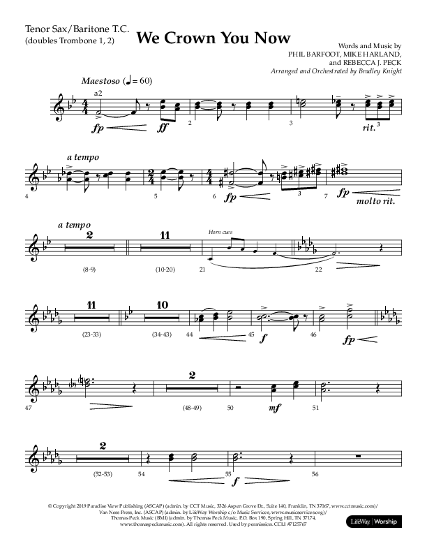 We Crown You Now (Choral Anthem SATB) Tenor Sax/Baritone T.C. (Lifeway Choral / Arr. Bradley Knight)