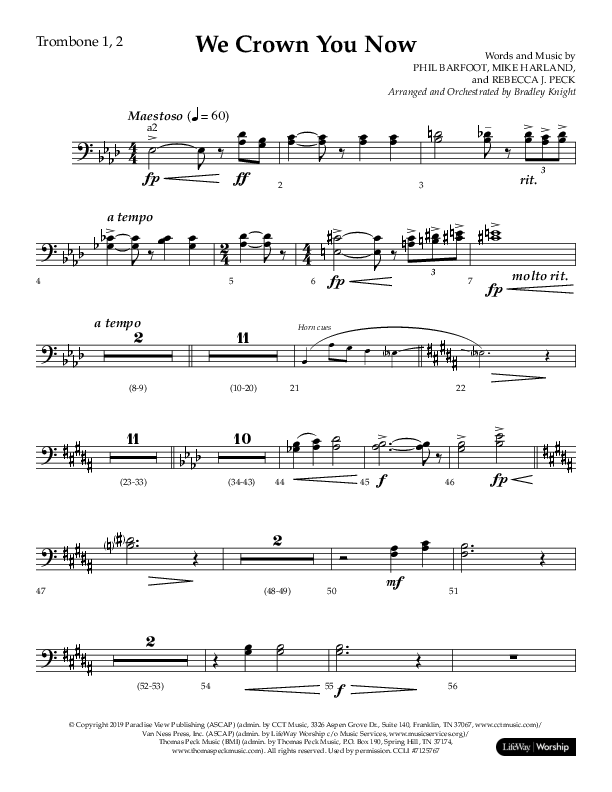 We Crown You Now (Choral Anthem SATB) Trombone 1/2 (Lifeway Choral / Arr. Bradley Knight)