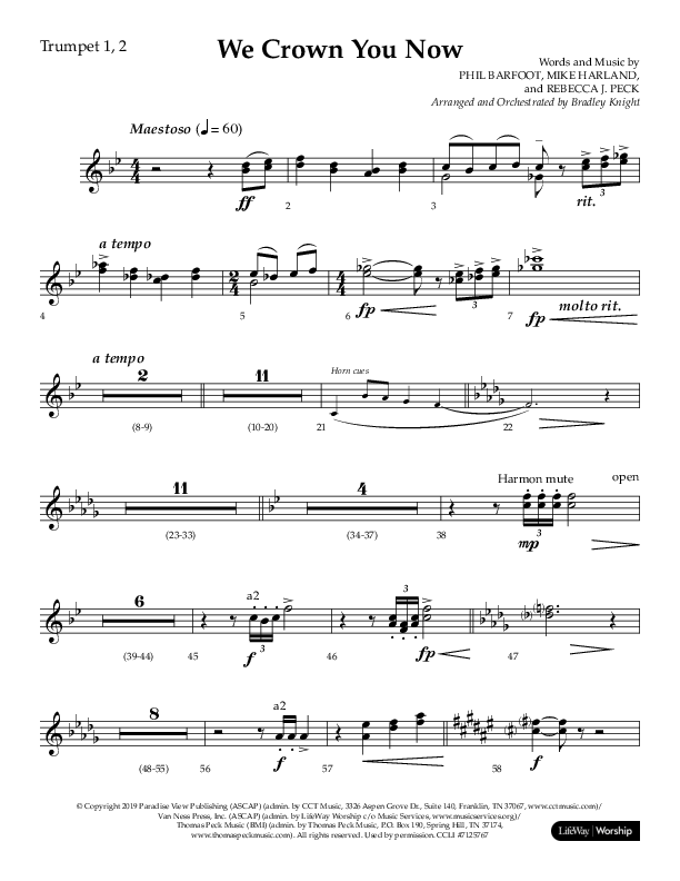 We Crown You Now (Choral Anthem SATB) Trumpet 1,2 (Lifeway Choral / Arr. Bradley Knight)