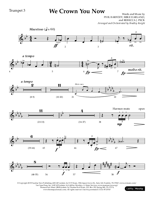 We Crown You Now (Choral Anthem SATB) Trumpet 3 (Lifeway Choral / Arr. Bradley Knight)