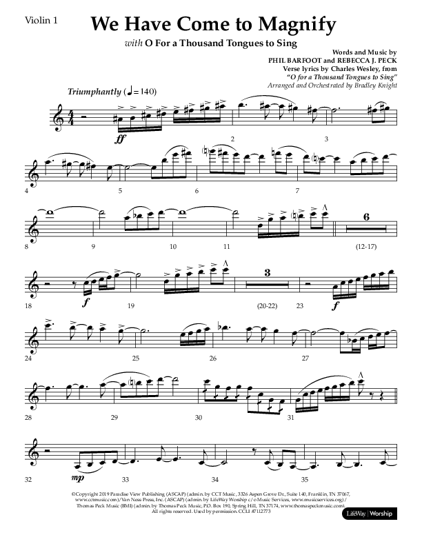 We Have Come To Magnify (Choral Anthem SATB) Violin 1 (Lifeway Choral / Arr. Bradley Knight)