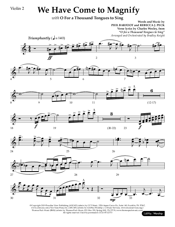We Have Come To Magnify (Choral Anthem SATB) Violin 2 (Lifeway Choral / Arr. Bradley Knight)