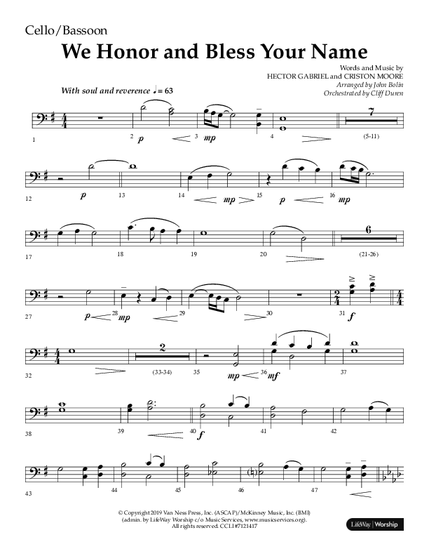 We Honor And Bless Your Name (Choral Anthem SATB) Cello (Lifeway Choral / Arr. John Bolin / Orch. Cliff Duren)