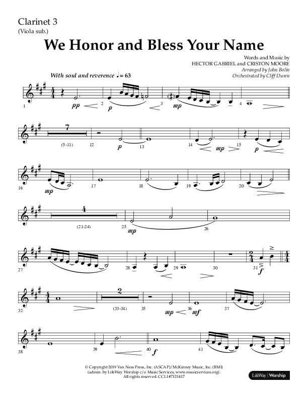 We Honor And Bless Your Name (Choral Anthem SATB) Clarinet 3 (Lifeway Choral / Arr. John Bolin / Orch. Cliff Duren)
