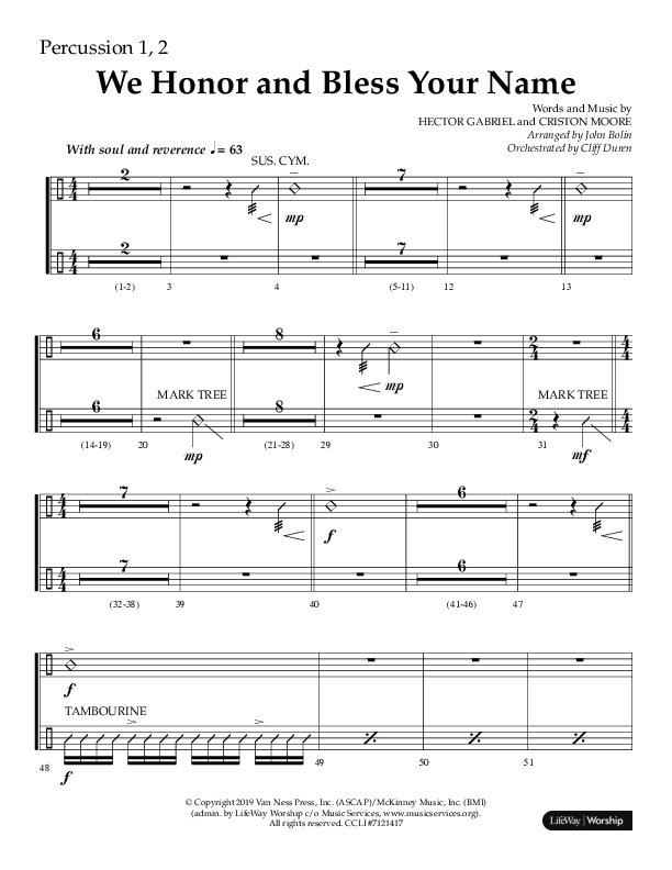 We Honor And Bless Your Name (Choral Anthem SATB) Percussion 1/2 (Lifeway Choral / Arr. John Bolin / Orch. Cliff Duren)