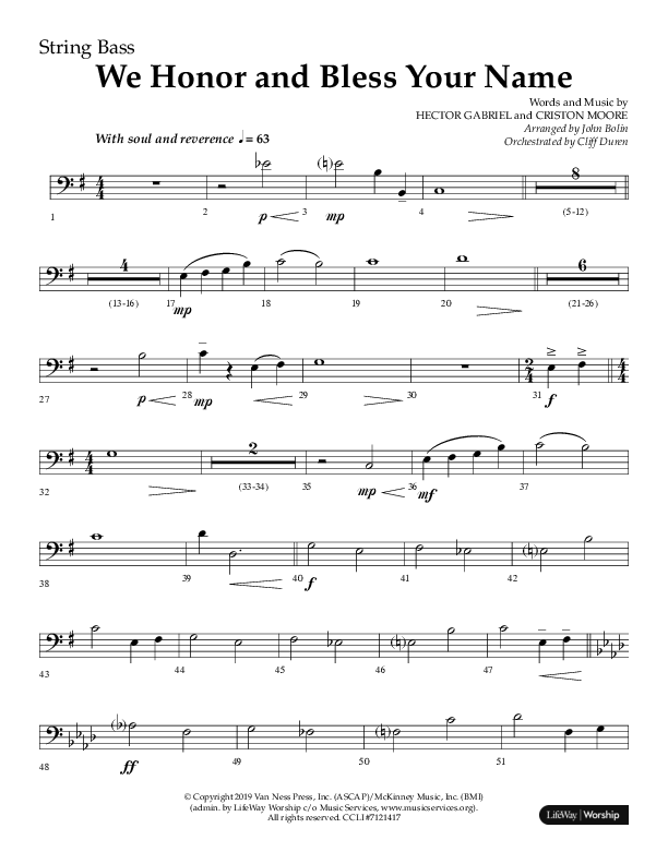 We Honor And Bless Your Name (Choral Anthem SATB) String Bass (Lifeway Choral / Arr. John Bolin / Orch. Cliff Duren)