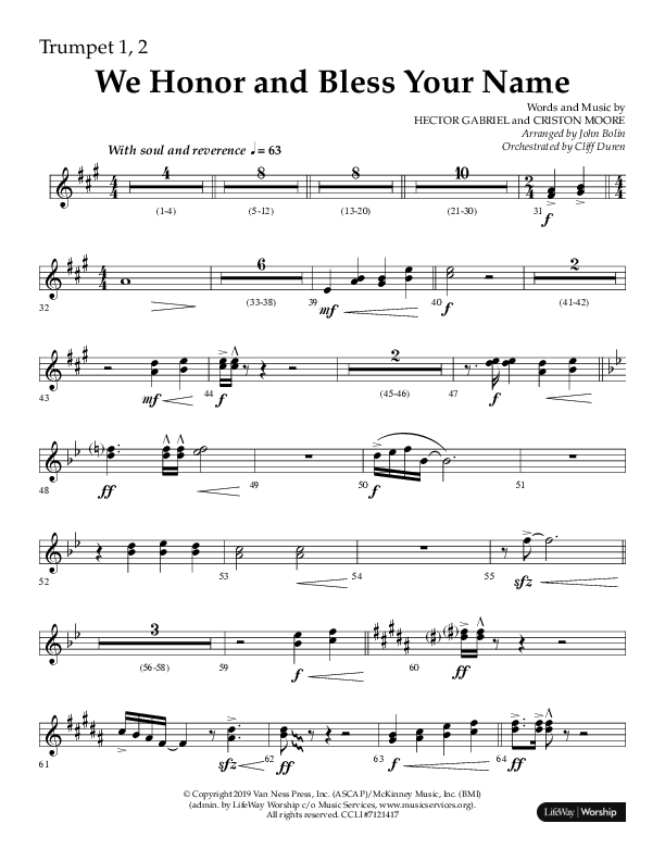 We Honor And Bless Your Name (Choral Anthem SATB) Trumpet 1,2 (Lifeway Choral / Arr. John Bolin / Orch. Cliff Duren)