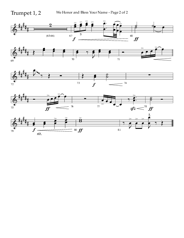 We Honor And Bless Your Name (Choral Anthem SATB) Trumpet 1,2 (Lifeway Choral / Arr. John Bolin / Orch. Cliff Duren)