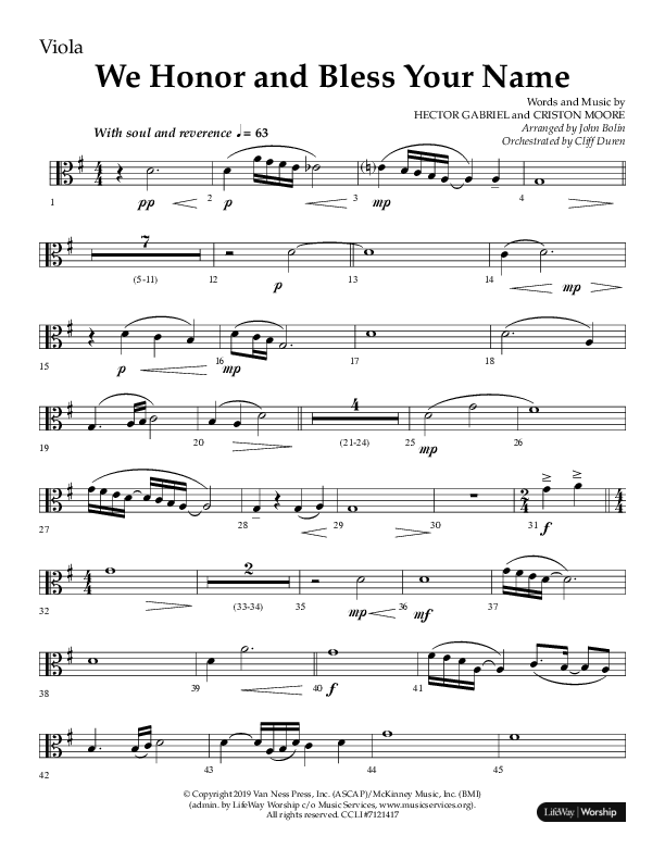 We Honor And Bless Your Name (Choral Anthem SATB) Viola (Lifeway Choral / Arr. John Bolin / Orch. Cliff Duren)