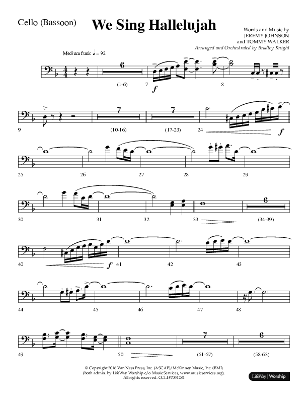 We Sing Hallelujah (Choral Anthem SATB) Cello (Lifeway Choral / Arr. Bradley Knight)