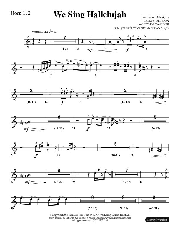We Sing Hallelujah (Choral Anthem SATB) French Horn 1/2 (Lifeway Choral / Arr. Bradley Knight)