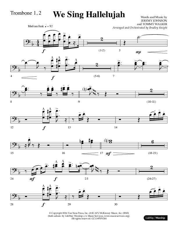 We Sing Hallelujah (Choral Anthem SATB) Trombone 1/2 (Lifeway Choral / Arr. Bradley Knight)