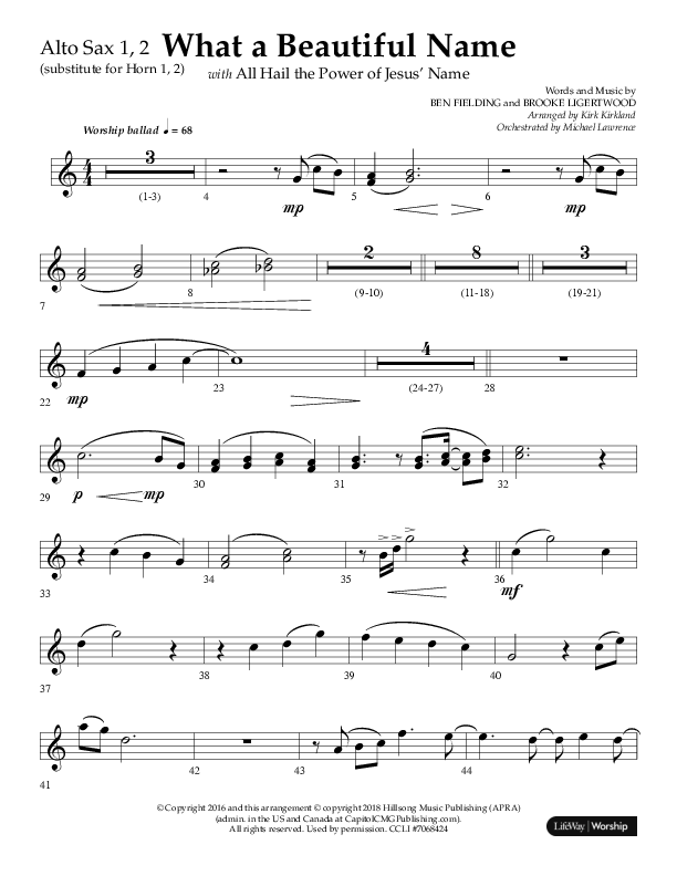 What A Beautiful Name with All Hail The Power Of Jesus' Name (Choral Anthem SATB) Alto Sax 1/2 (Lifeway Choral / Arr. Kirk Kirkland / Orch. Michael Lawrence)