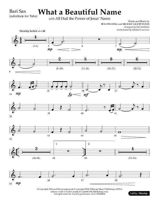 What A Beautiful Name with All Hail The Power Of Jesus' Name (Choral Anthem SATB) Bari Sax (Lifeway Choral / Arr. Kirk Kirkland / Orch. Michael Lawrence)