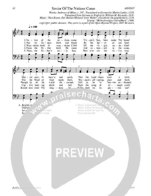 Savior Of The Nations Come Hymn Sheet (SATB) (Traditional Hymn)
