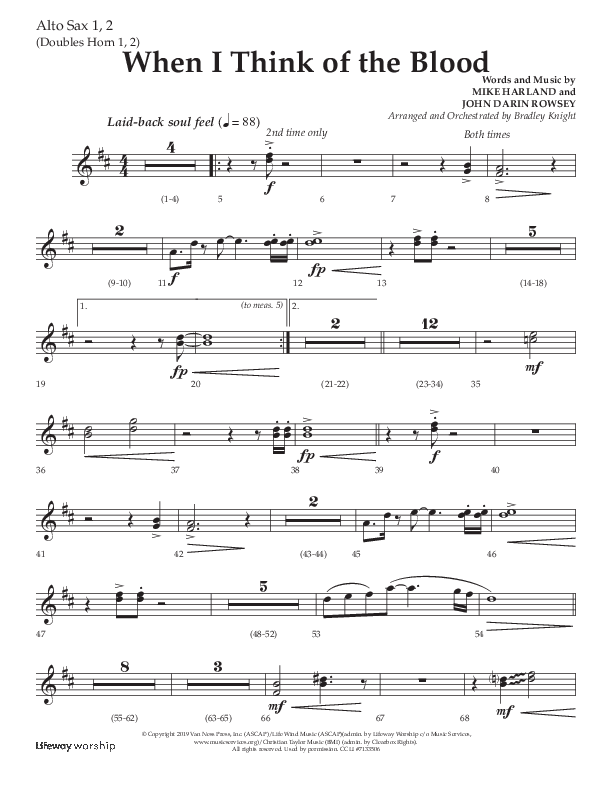 When I Think Of The Blood (Choral Anthem SATB) Alto Sax 1/2 (Lifeway Choral / Arr. Bradley Knight)