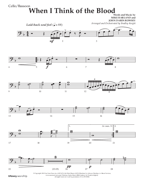 When I Think Of The Blood (Choral Anthem SATB) Cello (Lifeway Choral / Arr. Bradley Knight)
