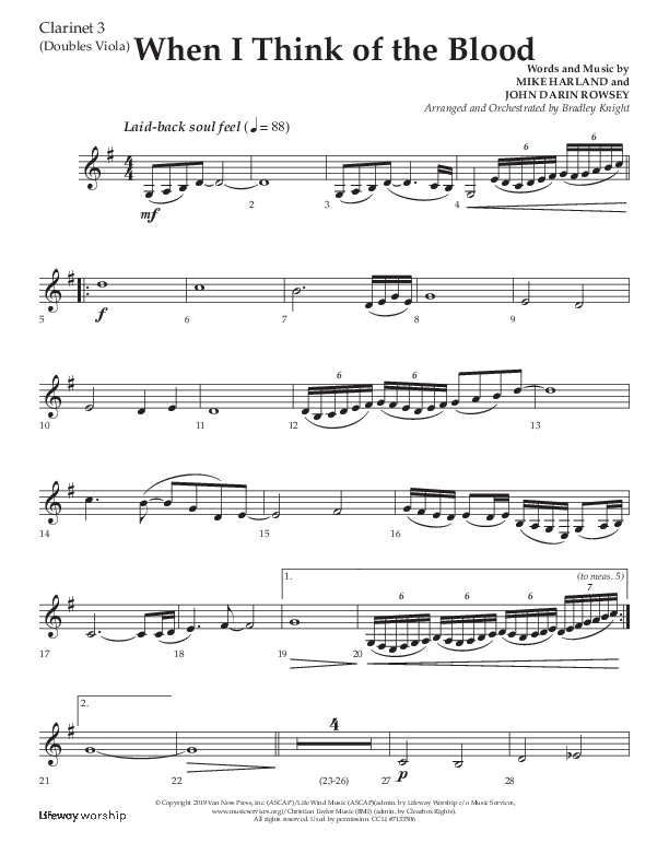 When I Think Of The Blood (Choral Anthem SATB) Clarinet 3 (Lifeway Choral / Arr. Bradley Knight)