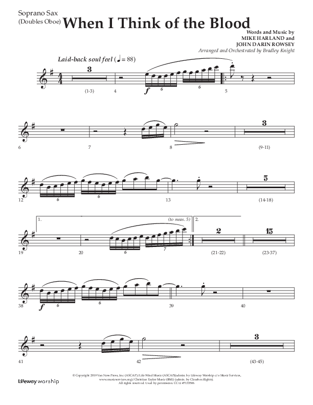 When I Think Of The Blood (Choral Anthem SATB) Soprano Sax (Lifeway Choral / Arr. Bradley Knight)