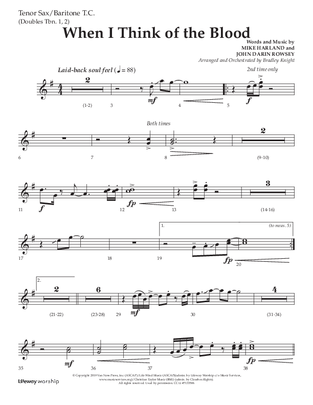 When I Think Of The Blood (Choral Anthem SATB) Tenor Sax/Baritone T.C. (Lifeway Choral / Arr. Bradley Knight)