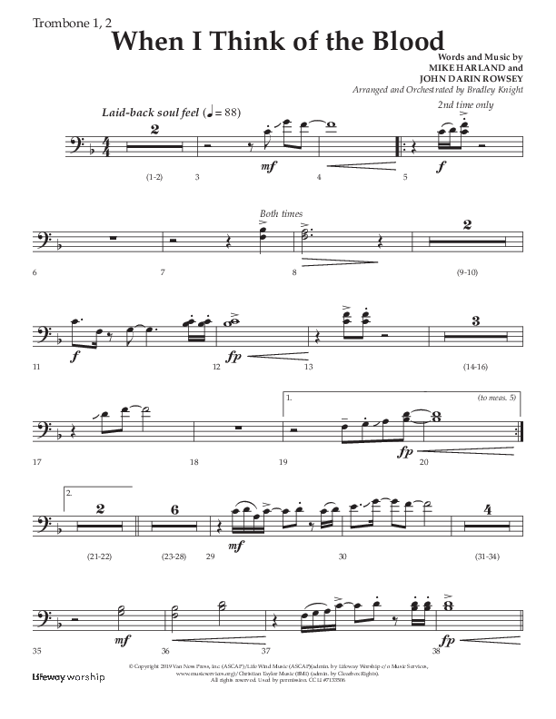 When I Think Of The Blood (Choral Anthem SATB) Trombone 1/2 (Lifeway Choral / Arr. Bradley Knight)