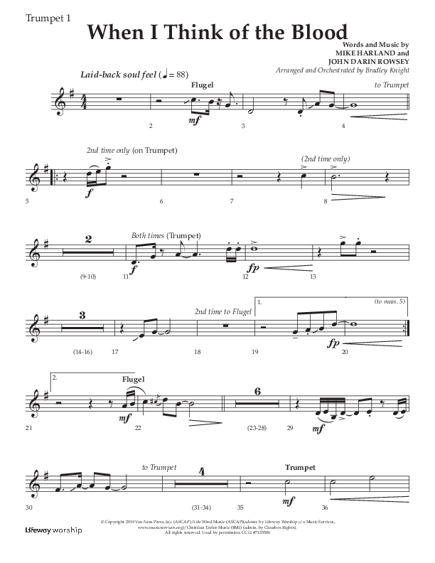 When I Think Of The Blood (Choral Anthem SATB) Trumpet 1 (Lifeway Choral / Arr. Bradley Knight)