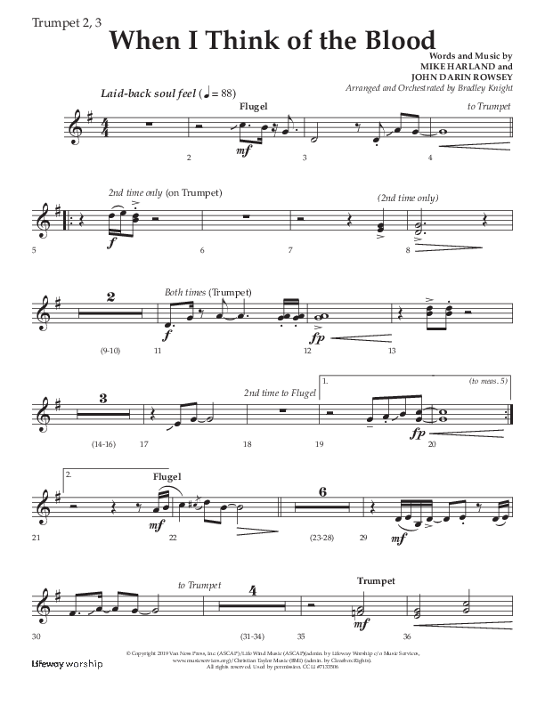 When I Think Of The Blood (Choral Anthem SATB) Trumpet 2/3 (Lifeway Choral / Arr. Bradley Knight)