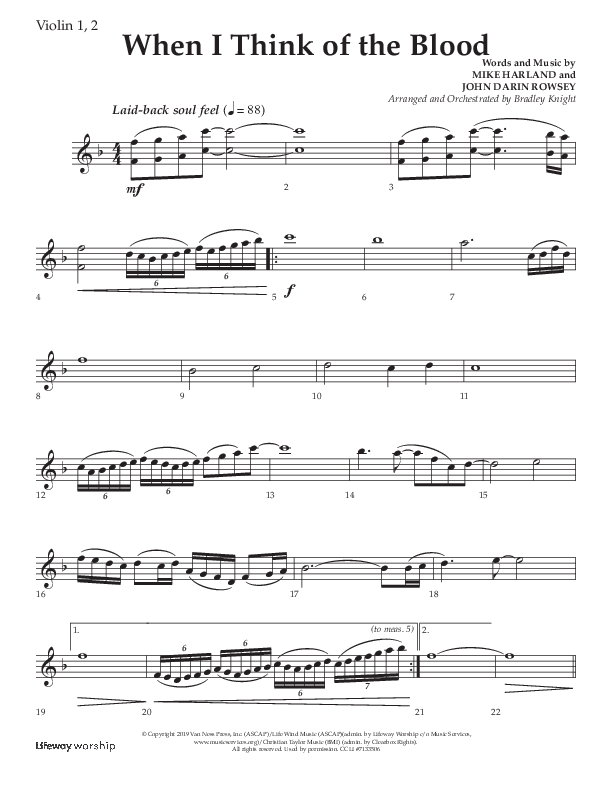 When I Think Of The Blood (Choral Anthem SATB) Violin 1/2 (Lifeway Choral / Arr. Bradley Knight)