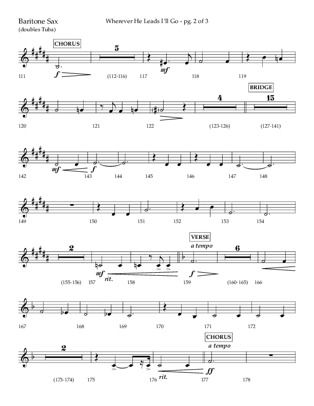 Wherever He Leads I'll Go (Choral Anthem SATB) Bari Sax (Lifeway Choral / Arr. Travis Cottrell / Orch. Daniel Semsen)