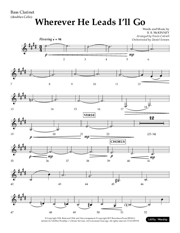 Wherever He Leads I'll Go (Choral Anthem SATB) Bass Clarinet (Lifeway Choral / Arr. Travis Cottrell / Orch. Daniel Semsen)