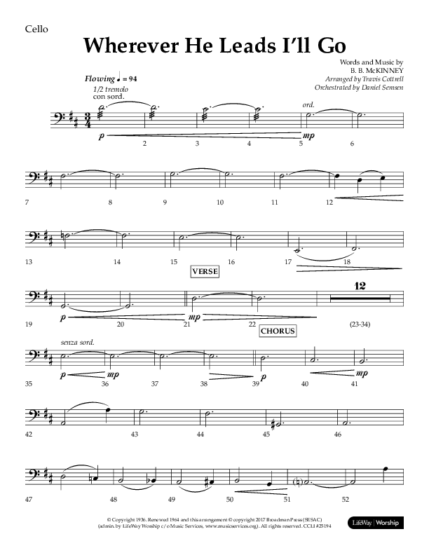 Wherever He Leads I'll Go (Choral Anthem SATB) Cello (Lifeway Choral / Arr. Travis Cottrell / Orch. Daniel Semsen)