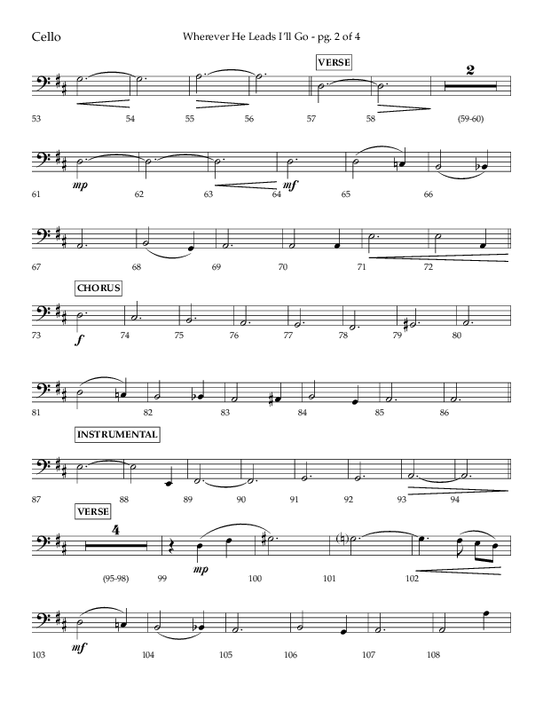 Wherever He Leads I'll Go (Choral Anthem SATB) Cello (Lifeway Choral / Arr. Travis Cottrell / Orch. Daniel Semsen)