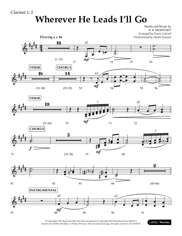 Wherever He Leads I'll Go (Choral Anthem SATB) Clarinet 1/2 (Lifeway Choral / Arr. Travis Cottrell / Orch. Daniel Semsen)
