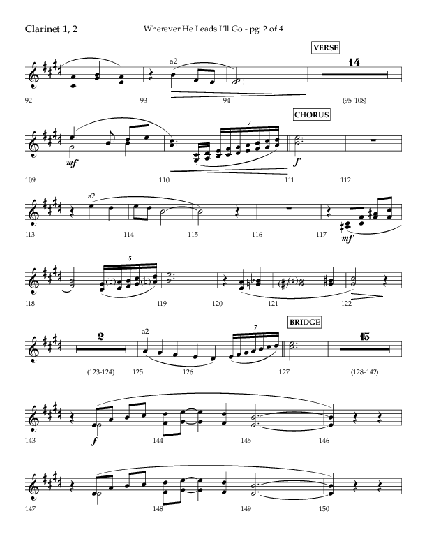 Wherever He Leads I'll Go (Choral Anthem SATB) Clarinet 1/2 (Lifeway Choral / Arr. Travis Cottrell / Orch. Daniel Semsen)