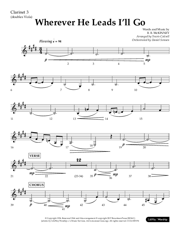 Wherever He Leads I'll Go (Choral Anthem SATB) Clarinet 3 (Lifeway Choral / Arr. Travis Cottrell / Orch. Daniel Semsen)