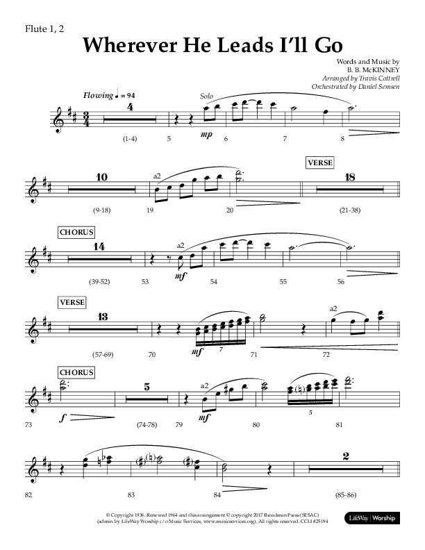 Wherever He Leads I'll Go (Choral Anthem SATB) Flute 1/2 (Lifeway Choral / Arr. Travis Cottrell / Orch. Daniel Semsen)
