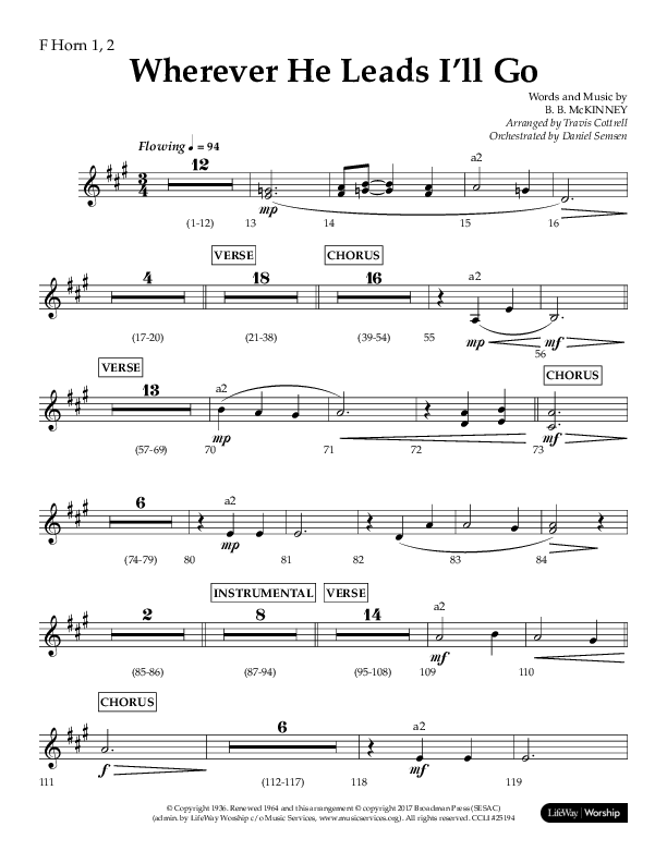 Wherever He Leads I'll Go (Choral Anthem SATB) French Horn 1/2 (Lifeway Choral / Arr. Travis Cottrell / Orch. Daniel Semsen)