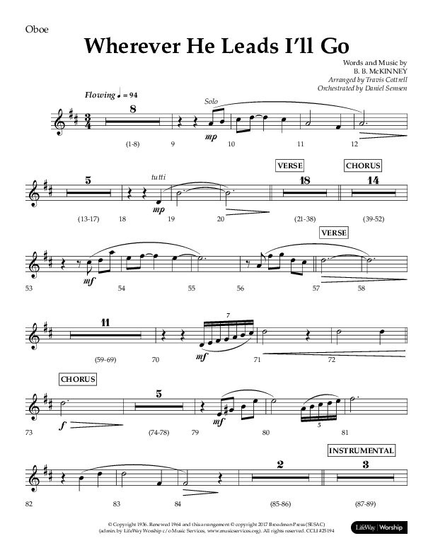 Wherever He Leads I'll Go (Choral Anthem SATB) Oboe (Lifeway Choral / Arr. Travis Cottrell / Orch. Daniel Semsen)