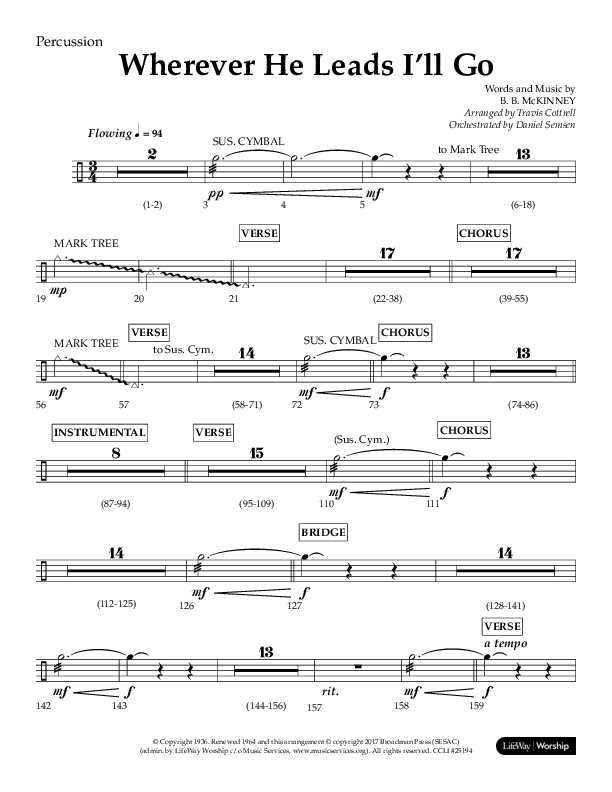 Wherever He Leads I'll Go (Choral Anthem SATB) Percussion (Lifeway Choral / Arr. Travis Cottrell / Orch. Daniel Semsen)