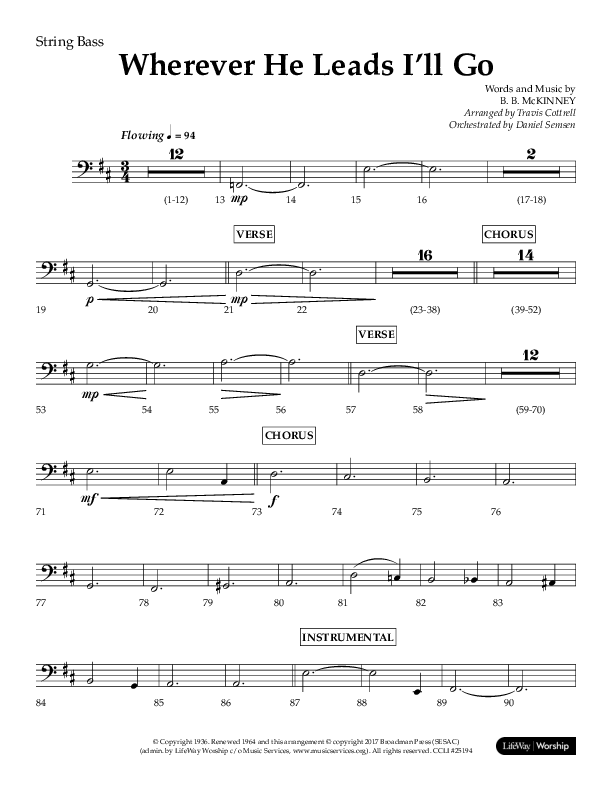 Wherever He Leads I'll Go (Choral Anthem SATB) String Bass (Lifeway Choral / Arr. Travis Cottrell / Orch. Daniel Semsen)