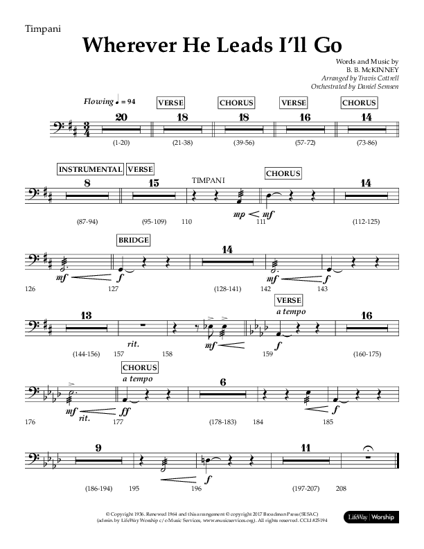 Wherever He Leads I'll Go (Choral Anthem SATB) Timpani (Lifeway Choral / Arr. Travis Cottrell / Orch. Daniel Semsen)